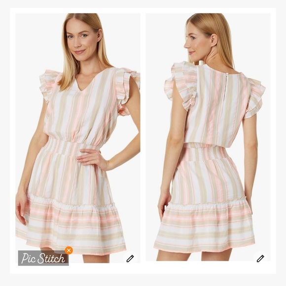 Vineyard Vines Striped V Neck Ruffle Sleeve Smocked Dress - Picture 1 of 11